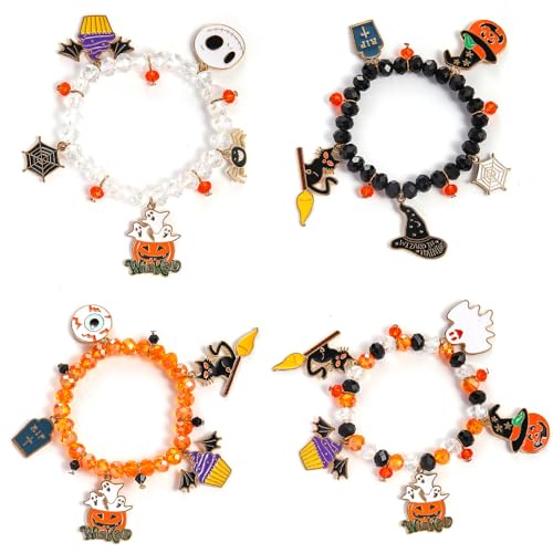 TOFBS 4 Piezas Halloween Pulseras Esqueleto Araña Calabaza Cuentas Pulseras para Festival Regalo Halloween Cosplay Accesorios de disfraces(SET A)