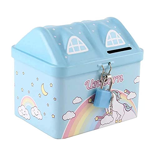 Image of Kids Lockable Piggy Bank Coin Box with Key | Cute House Shape Money Saving Box for Children | Cartoon & Space Design Cash Coin Bank | Educational Savings Toy Gift for Boys & Girls