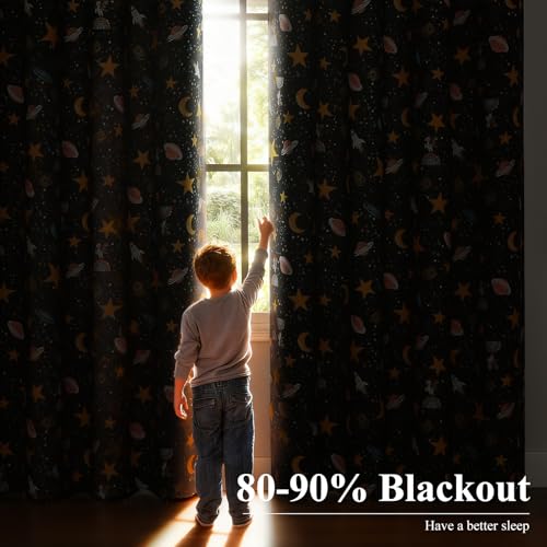 Image of Star Moon Black Out Curtains 90 Inch Long for Kids Bedroom /Nursery,52Wx90L | Estelar Textiler Grommet Thermal Insulated Room Darkening Drapes,Unicorn Planet Window Curtains for Boys Room,Pack of 2
