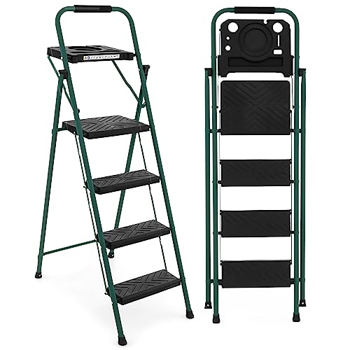 Goplus Folding Step Ladder, 4-Step Ladder w/Tool Tray, Non-Slip Footpads & Pedals, Cozy Padded Handgrip, Sturdy Metal Frame, 330 LBS Max Load, Metal Step Stool for Home Office