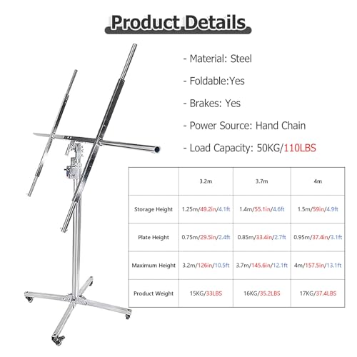 11ft 12ft 13ft Drywall Lift - 110 Lbs Load Capacity Panel Hoist Lift w/Adjustable Telescopic Arm - Lockable Board Sheetrock Lift for Site Construction - Tiltable Rotation Panel(Max H 4m/157.5in/13.1ft