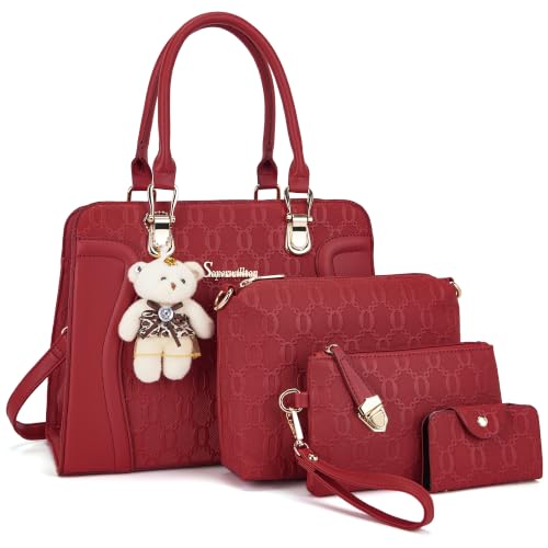 Image of Women's Fashion Handbag Tote Bag Shoulder Top Handle Satchel Purse Set 4pcs | Stylish Style,Chain Texture Design,Ample Space,Bear Doll Decoration,with a Crossbody Strap