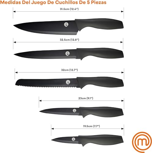 MasterChef Cuchillos Cocina, Set de Chef (Carne, Sierra por Pan, Verduras y Pescados), Acero Inoxidable, Asas Suaves al Tacto, Multifuncional, 5 Piezas, Negro - imagen 8