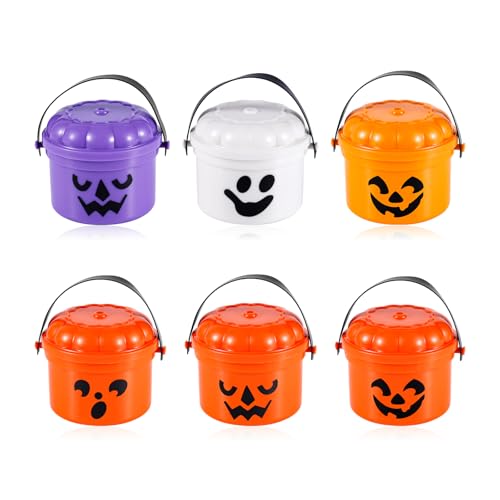 NQEUEPN 6pcs Mini Halloween Nostalgia Buckets, Mini Plastic Pumpkin Buckets Trick or Tread Pails Small Halloween Candy Holder with Lids for Halloween Party Holiday Favors Supplies