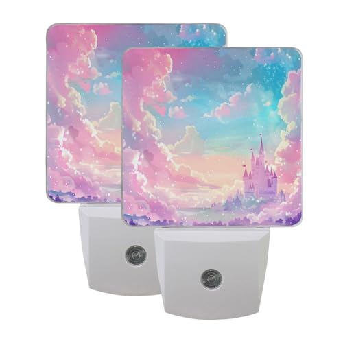 Image of Princess Castle Pink Sky Night Lights 2 Pack Plug-in Wall Led Nightlight Auto Dusk-to-Dawn Sensor Lamps for Bedroom Kitchen Bathroom