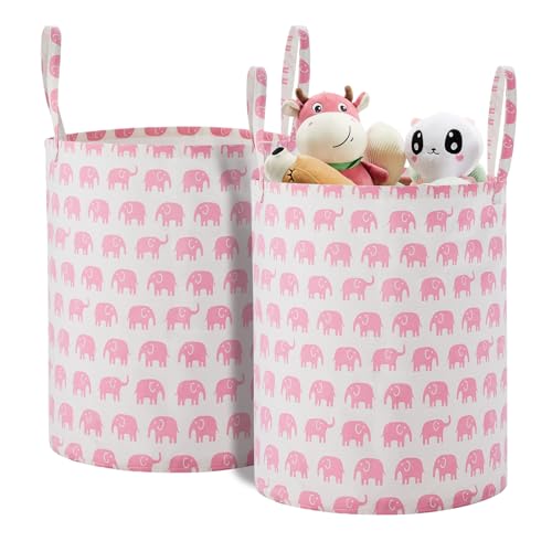 Image of TECHMILLY Large Storage Basket for Girls and Boys, Collapsible Laundry Hamper with Long Handles, Toy Bins for Nursery, Kids Room Décor (Pink Elephant, 2 Pack)