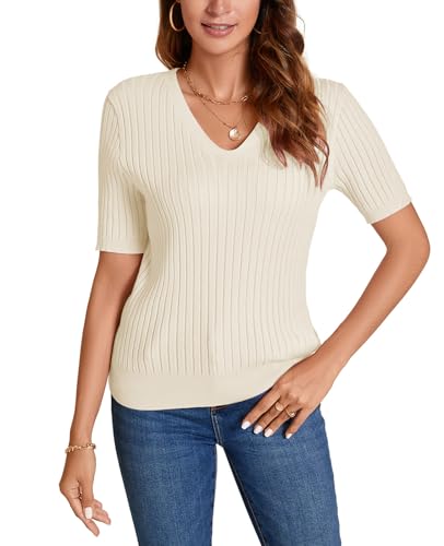 Image of Women Summer Knit Shirt Blouse V Neck Short Sleeve Pullover Sweater Tops