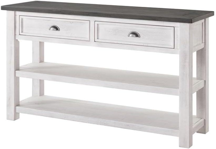 Bowery Hill Farmhouse Solid Wood Sofa Console Table, 50" W x 16" D x 30" H, Natural Finish, 2 Drawers and 2 Shelves, Antique Pewter Hardware, TV Stand for Flat Panel TVs up to 55", Living Room Storage