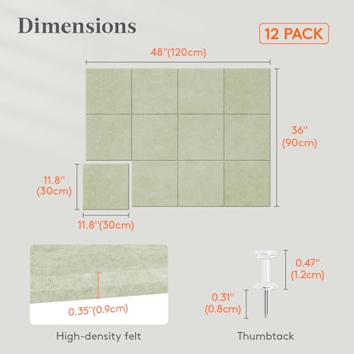 Lifewit Groß Pinnwand Filz Selbstklebend, 120 x 90 cm-12 Pack Korkwand Alternative, Dekorative Vision Board Fotowand Pin Board Memoboard mit 50 Stück Pinnnadeln für Büro, Kinderzimmer, Salbeigrün