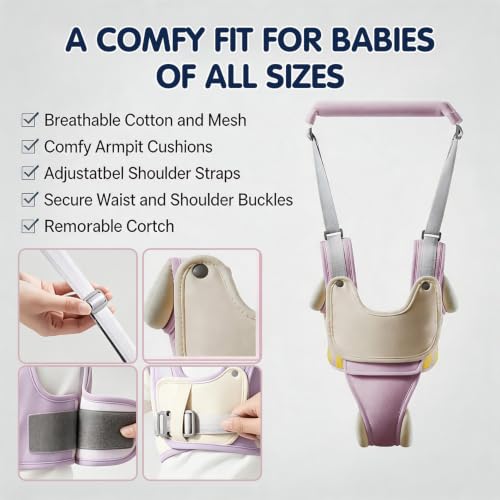 Baby Walking Harness with Removable Drool Towel, Walking Helper Harness for Toddlers, Handheld Belt – No Bending for Parents, Walking Assistant & Trainer for 9-24 Months Old (Grey)