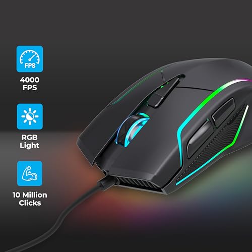 Image of Foxin Phantom GM 105 USB Wired Gaming Mouse with Upto 7200 DPI Gaming Sensor | 6 Buttons | Upto 10 Million Clicks | RGB Lighting | Ergonomic Design | 1.5m Cable (Black)