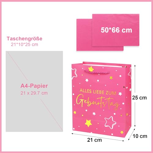 COMOOKA Geschenktüte Geburtstag XL 25x21x10cm Groß Geschenktasche mit Henkel Rosa Happy Birthday aus Papier Tüte mit Seidenpapier für Frau Mädchen Mann Junge (Rosa)