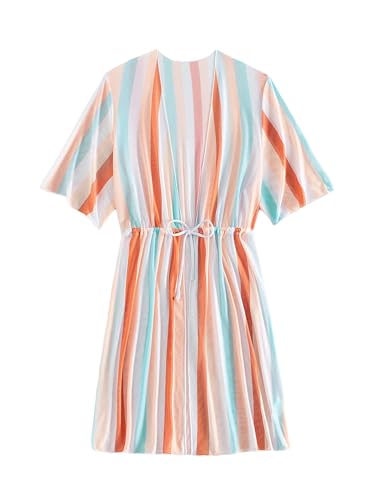 Image of WDIRARA Girl's Striped Waist Tie Front Mini Cover Up Dress Collarless Neck Short Sleeve Kimono Bathing Suit