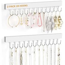 Jewelry Organizer Wall Mounted 2 Pack, Wooden Necklace Holder Wall Hanger with 24 Hooks for Hanging Necklaces and Jewelry Storage, White
