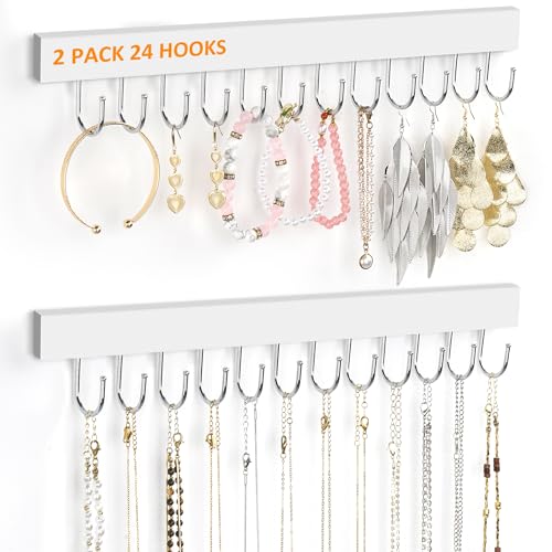 OMHOMETY Lot de 2 supports muraux pour colliers à suspendre avec 24 crochets - En bois - Blanc