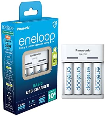 Panasonic eneloop 52061040ic eneloop Basic USB do 2 lub 4 akumulatorów AA/AAA Ni-MH z 6 funkcjami bezpieczeństwa i micro USB, w zestawie z 4 akumulatorami eneloop AA/Mignon, min. 2000 mAh