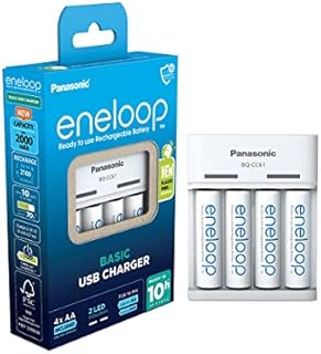 Panasonic eneloop 52061040ic eneloop Basic USB do 2 lub 4 akumulatorów AA/AAA Ni-MH z 6 funkcjami bezpieczeństwa i micro USB, w zestawie z 4 akumulatorami eneloop AA/Mignon, min. 2000 mAh