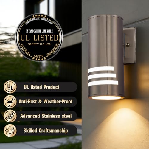 Image of Cerdeco Stainless Steel Outdoor Wall Sconces,Cylinder Porch Light with 3 Slots and Frosted Glass,Modern Outdoor Wall Light Fixture[UL Listed]