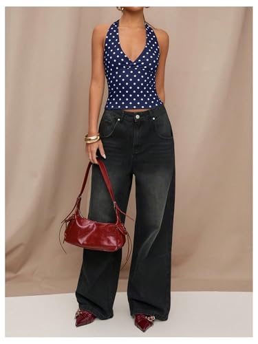 SweatyRocks Women's Polka Dots Print Halter Tops Going Out Backless Deep V Neck Summer Top4