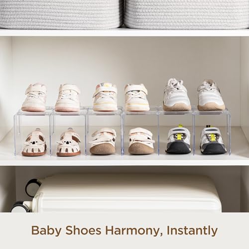 HBlife Widened 4.17 Inch Clear Acrylic Kids Shoe Rack for Closet Organizers and Storage, Small Shoe Rack 3 Sections Toddler Baby Shoe Storage Organizer Shelf, Desk File Book Purse Organizer(4 Pack) by HBlife - Used condition - Image 2