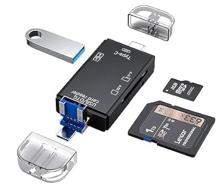 FOTOKINA 6-in-1 OTG Card Reader with USB Type-C, USB 3.0 & Micro USB – Portable Memory Card Reader Compatible with TF, SD, SDHC, SDXC, MMC, RS-MMC, Micro SDXC