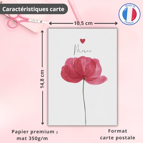 roxisha - 10 Stück Danksagungskarten + bedruckte Umschläge | Mohnblume | Postkarte 10,4 x 14,8 cm | Dankeskarten Hochzeit Geburt Geburtstag Taufe Party Kommunion Ruhestand