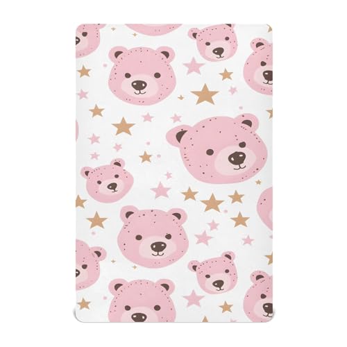 Image of Pink Bears Stars Crib Sheets Stretchy Portable Sheets for Baby Toddler Breathable Soft Crib Mattress Sheet for Girls Boys
