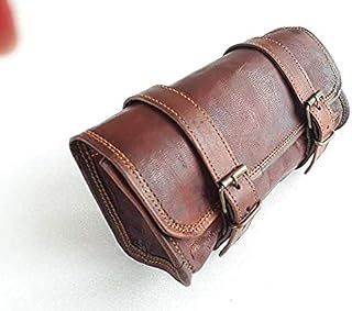 Motorcycle Genuine Goat Leather 2 Strap Buckle Closure Tool Harley Brown Bag Quick Release Clasp Reinforced for Handlebars,Forks, Sissy Bar Swing arm Motorcycle Tool roll Bag 10"