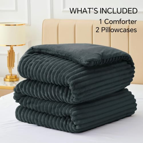 Image of BEDELITE Fleece Oversized Queen Comforter Set, Fluffy Bed Set, Dark Grey | Super Soft & Warm Bedding, Luxury Fuzzy Faux Fur Comforter for Winter, Heavy Plush Bedding, with 2 Pillowcases
