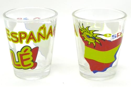 WONDERFUL 40ml 2 x Vasos de Chupito España, Diseño de Bandera Española y Mapa, Set de 2, Cristal Transparente