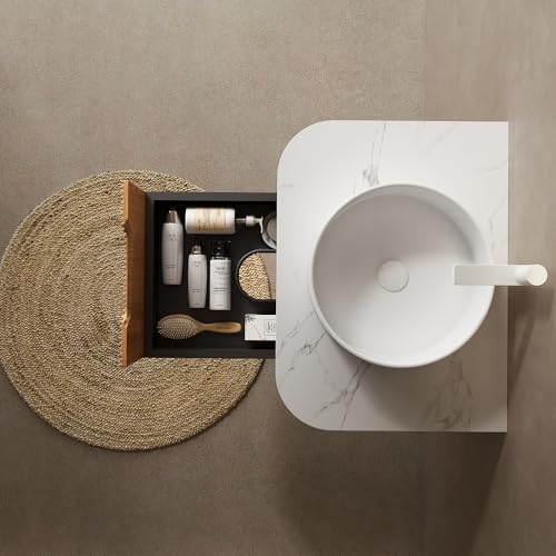 Image of KEIKI 24 inch Bathroom Vanity Cabinet with Sink Combo, Wall Mounted Curved Edges Striped Floating Bathroom Vanity with Soft-Close Drawer, White Round Ceramic Basin Without Faucet, Natural Wood