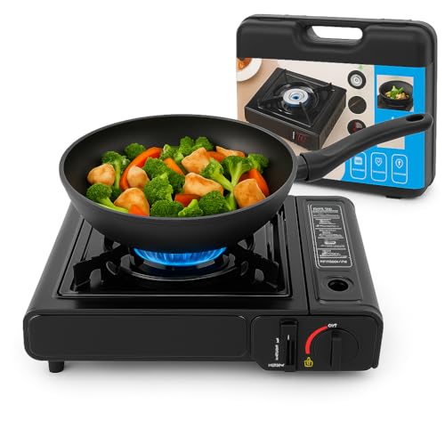 Hornillo de Gas Portátil con Maletín Cocina de Camping a Gas Butano Encendido Automático Piezoeléctrico Potente, Seguro y de Bajo Consumo Ideal para Camping, Excursiones y Emergencias