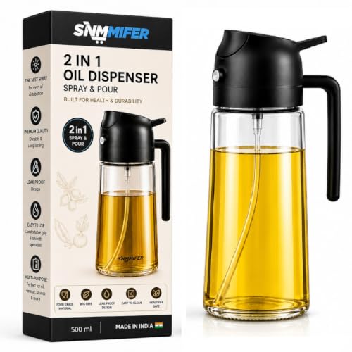 Image of SNMMIFER 2-in-1 Glass Oil Dispenser Bottle 500ml | Spray & Pour Oil Bottle for Kitchen | Food Grade Leakproof Olive Oil Sprayer | Cooking Oil Dispenser for Air Fryer, Cooking (1, OIL BOTTLE)
