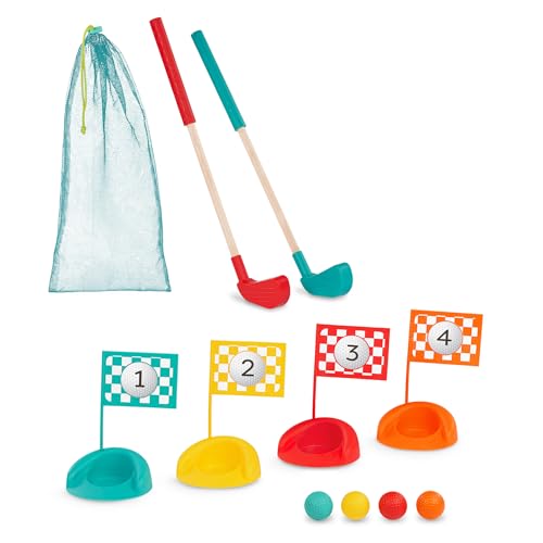 Image of B. toys Toy Golf Set, Hole-in-Fun with Wooden Clubs, 15-Piece Play | 15-piece mini golf set with 2 clubs, 4 balls, 4 cups, 4 numbered flags, storage bag, indoor or outdoor play, ages 3 years +