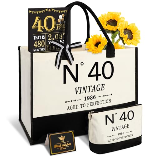 Amosking 40. Geburtstag Geschenke für Frauen Canvas Einkaufstasche Reiseausrüstung, 40 Jahre alte Geschenke für Frau Mama Freunde, Vintage N°40 Handtasche & Kosmetiktasche & Geburtstagsposter