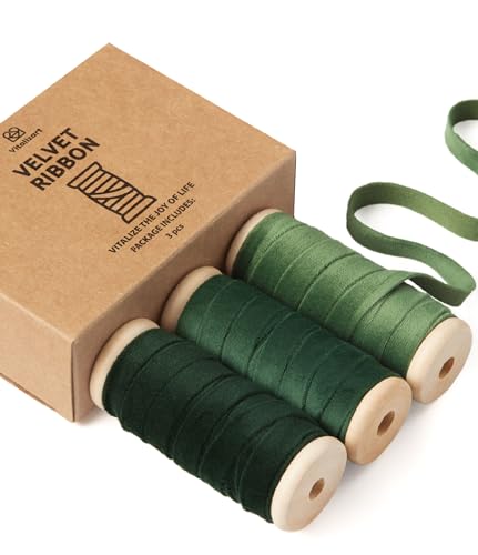 Vitalizart Green Velvet Ribbon 3/8' x 15 Yd Fabric Trim 3 Rolls * 5 Yd for Christmas Wreath Decoration Handmade Craft Ornaments Gift Wrapping & Bow Making Dark Forest