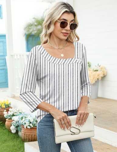 Image of LOMON Womens 3 /4 Length Sleeve T Shirts Asymmetrical Neck Tops Business Blouses for Women Fashion 2026