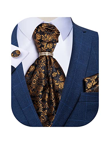 DiBanGu Black Gold Floral Ascot Ties for Men Silk Cravat Tie and Pocket Square Cufflinks Tie Ring Set