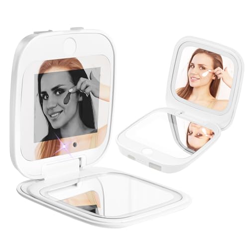 HiPai UV Camera Mirror for Sunscreen Test & SPF Detection 1x/2x Magnifying Travel Mirror with Dimmable LED Lights Handheld 2-Sided Portable Makeup Mirror for Handbag/Pocket White