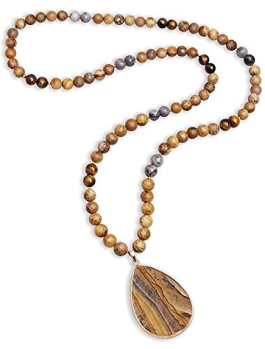 Pearlfect Long Pendant Necklaces For Women/Men Trendy, 8Mm Womens Beaded Jasper Necklace,32 Inch Brown Stone Bead Boho Necklace Jewelry,Chunky Statement Necklace,Handmade Fashion Jewelry Gifts (07 Jasper+Tiger Eye) #TOP26