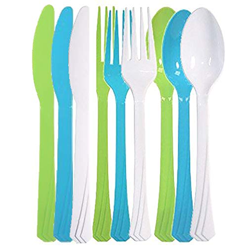 Tiger Chef 72-Pack Plastic Cutlery Set Heavy Duty Colored Plastic Silverware Set includes 24 Forks, 24 Teaspoons, and 24 Knives in Lime Green, Island Blue and Pearlâ€¦