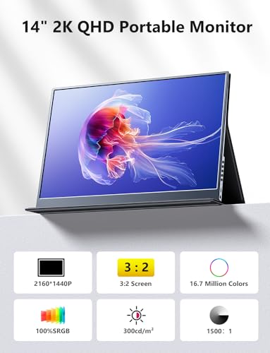 Image of MagicRaven Portable LCD Monitor, 14 inch 2K Laptop Screen, Lightweight Dual USB C HDMI Second Gaminig Display with Speakers, Travel Monitor for PS4 /5 Xbox Switch MAC PC Phone