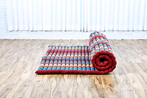 Image of Leewadee - Foldable Floor Mattress - Japanese Roll Up Futon -Trifold Tatami Mat- Guest Floor Bed - Camping Mattress - Thai Massage Mat, Kapok Filled, 75 x 57 inches, Blue Red