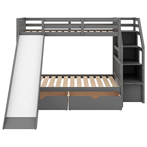 Harper & Bright Designs Wood Bunk Bed Twin Over Full with Slide and Storage Stiars for Saving Space, Multifunction Bunk Beds Frame for 2, No Box Spring Needed, Gray - Thumbnail 7
