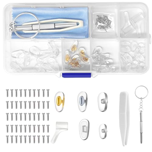Brille Nasenpads Silikon, 25 Paar Nasenpads Brille zum Stecken, 5 Stile Brillen Nasenpads, Nasenpads für Brillen, mit Schrauben Pinzette und Brillenputztüche Geeignet für Brillenreparaturen