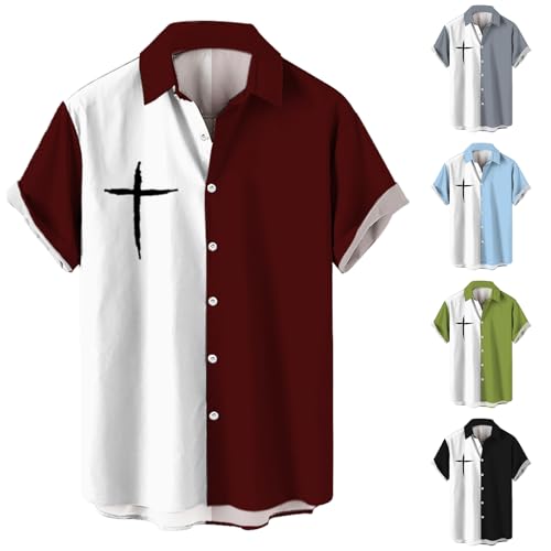 Mens Short Sleeve Vertical Stripes Shirt Full Button Down Christian Cross Graphic Blouse Oversized Vacation Beach Top3