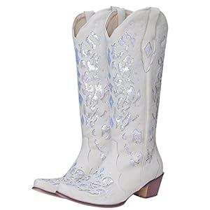 Cowboy Laarzen Vrouwen Lederen Lange Buizen Ridder Laarzen 2021 Kristal Geborduurde Knie Laarzen Chunky Snowboots Casual Rijlaarzen (Color : White, Size : 35 EU)