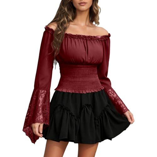 Blouse élégante à volants épaules dénudées manches longues dentelle femme