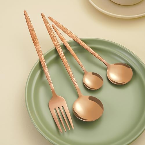 Halloween Essentials Cutlery Rose Gold Silverware Set 32 Piece Flatware Set for 8, Creative Hammered Handle 18/8 Food-Grade Stainless Steel Christmas Best Gift Combo include Forks Spoons Set