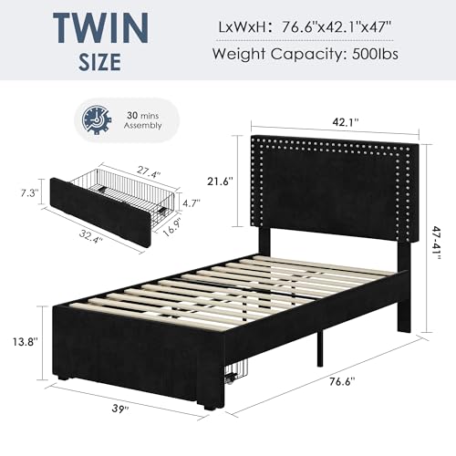 Image of VECELO Twin Size Upholstered Bed Frame with Storage Drawer, Adjustable Velvet Rivet Decor Headboard, Wooden Slats Platform Support, No Box Spring Needed, Easy Assembly,Black